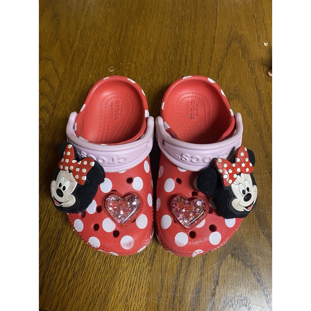 Disney Crocs Minnie Mouse Red White Polka Dot Clog Shaker Glitter Heart Charm 5c